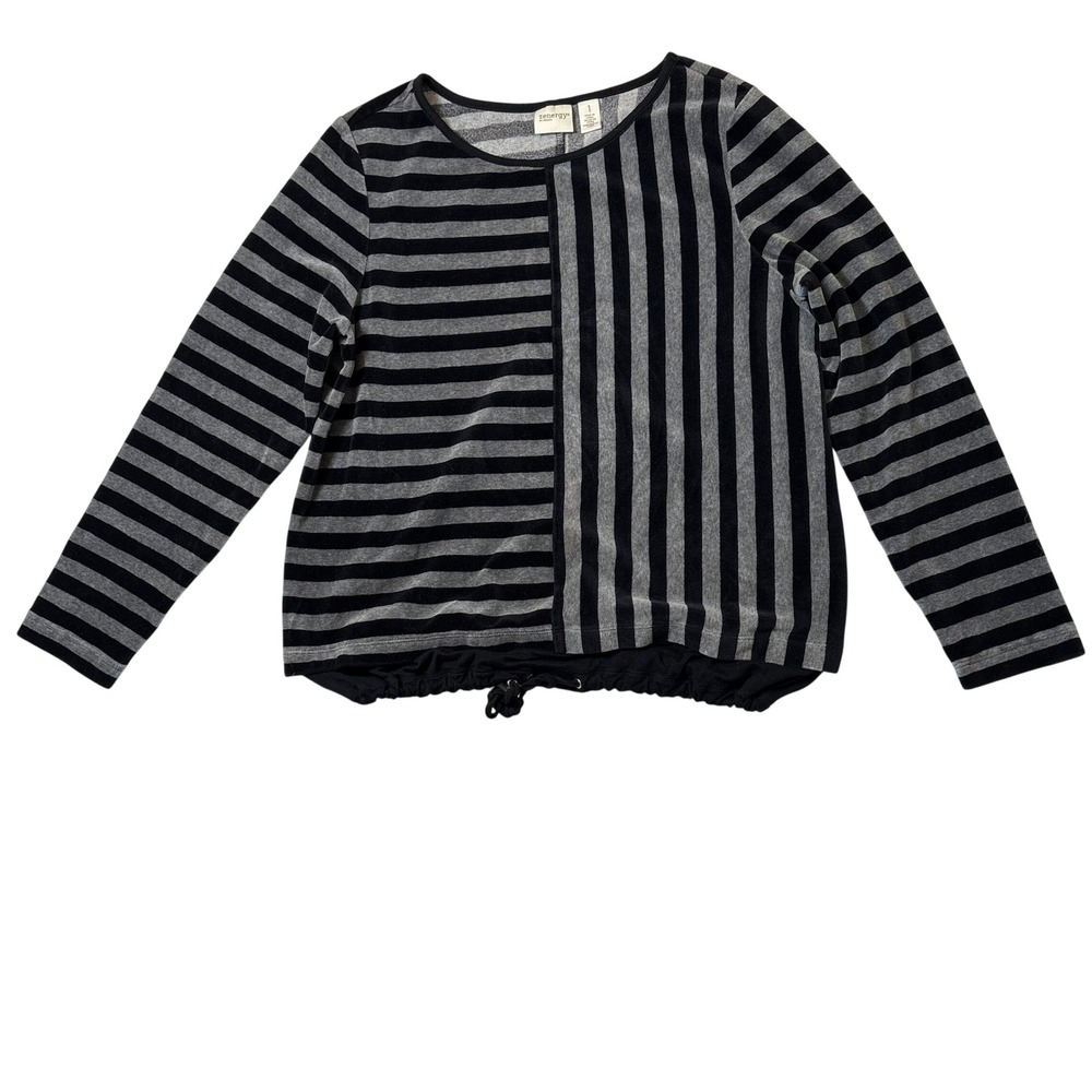 Zenergy by Chicos Womens Size 1 Grey Black Stripe Long Sleeve Top Drawstring‎